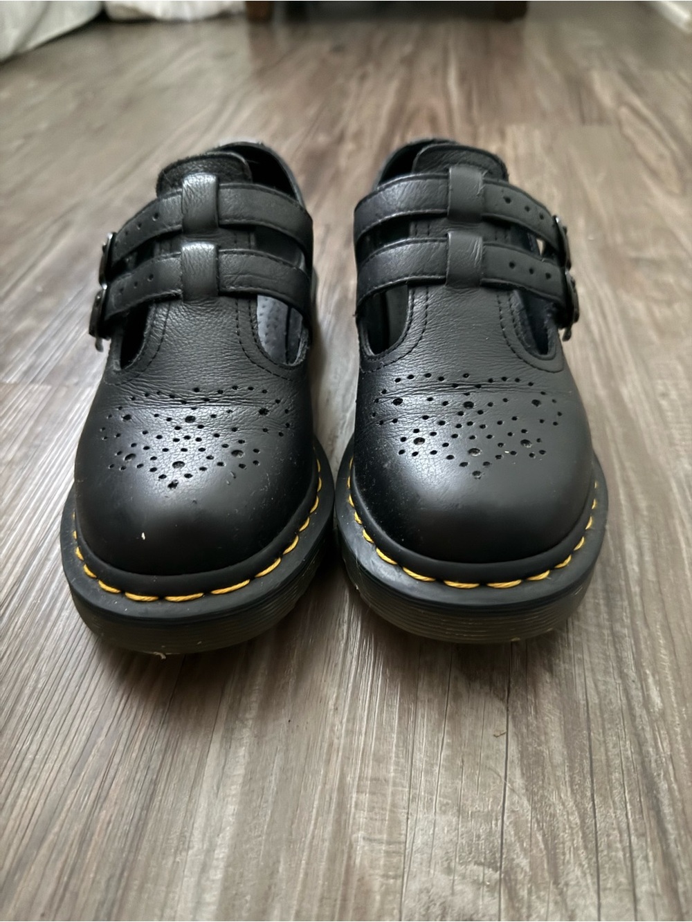 Dr. Martens Black Leather Mary Jane Shoes with Yellow Stitching